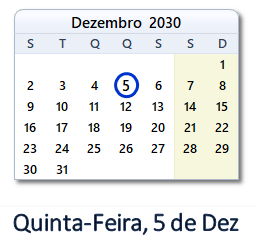 5 Dezembro 2030 calendario