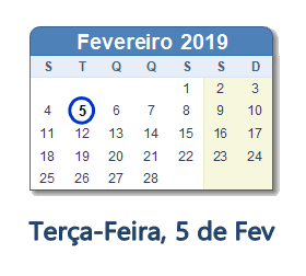 5 Fevereiro 2019 calendario