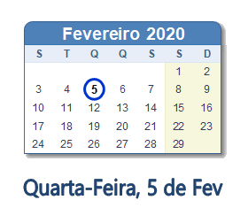 5 Fevereiro 2020 calendario