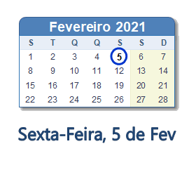 5 Fevereiro 2021 calendario