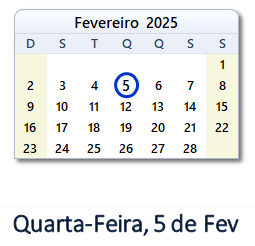 5 Fevereiro 2025 calendario