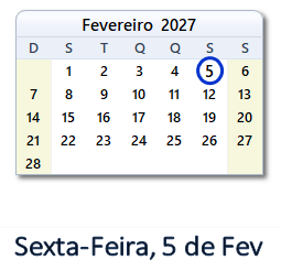 5 Fevereiro 2027 calendario