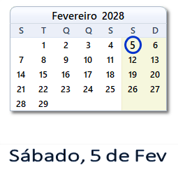 5 Fevereiro 2028 calendario