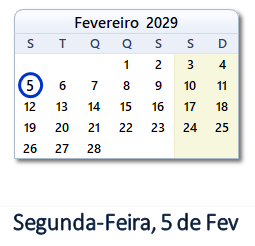 5 Fevereiro 2029 calendario