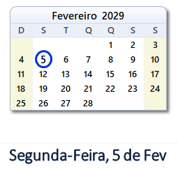 5 Fevereiro 2029 calendario