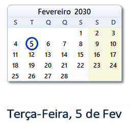 5 Fevereiro 2030 calendario
