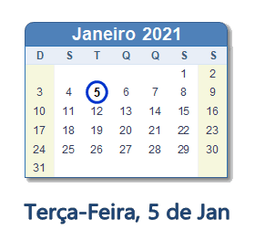 5 Janeiro 2021 calendario