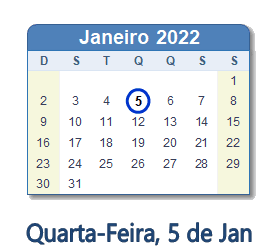 5 Janeiro 2022 calendario