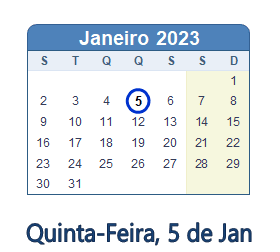 5 Janeiro 2023 calendario