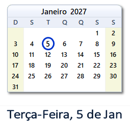5 Janeiro 2027 calendario