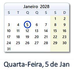 5 Janeiro 2028 calendario
