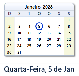 5 Janeiro 2028 calendario
