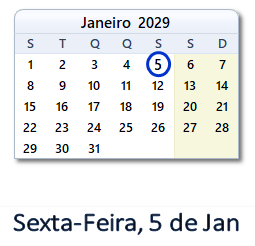 5 Janeiro 2029 calendario