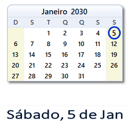 5 Janeiro 2030 calendario