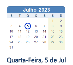 5 Julho 2023 calendario