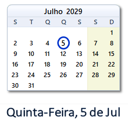 5 Julho 2029 calendario
