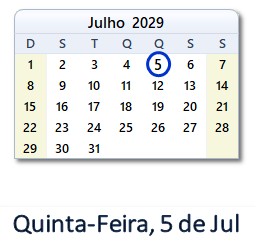 5 Julho 2029 calendario
