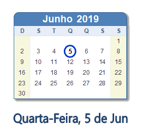 5 Junho 2019 calendario