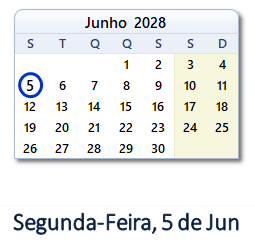 5 Junho 2028 calendario