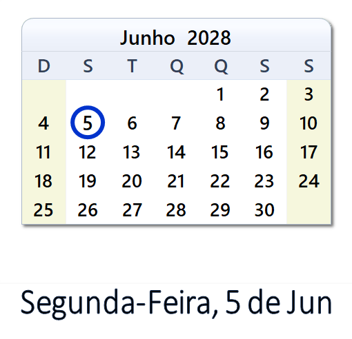 5 de Jun, 2028 Calendário com Feriados e Cont. Regressiva - BRA