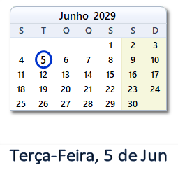 5 Junho 2029 calendario