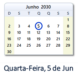 5 Junho 2030 calendario