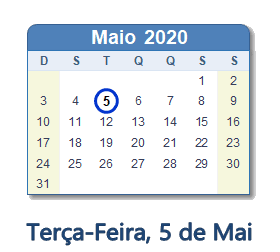 5 Maio 2020 calendario
