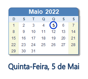 5 Maio 2022 calendario