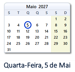 5 Maio 2027 calendario