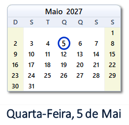 5 Maio 2027 calendario