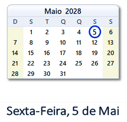5 Maio 2028 calendario