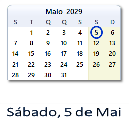 5 Maio 2029 calendario