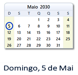 5 Maio 2030 calendario