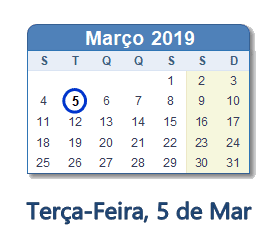 5 Março 2019 calendario