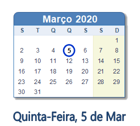 5 Março 2020 calendario