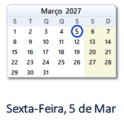 5 Março 2027 calendario