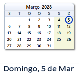 5 Março 2028 calendario