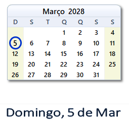 5 Março 2028 calendario
