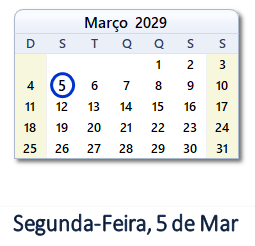 5 Março 2029 calendario
