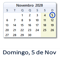 5 Novembro 2028 calendario