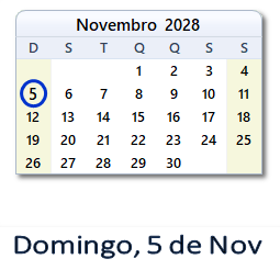 5 Novembro 2028 calendario