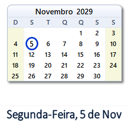 5 Novembro 2029 calendario