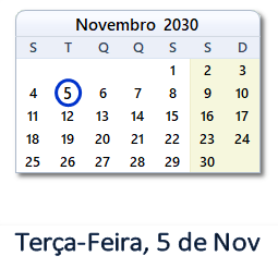 5 Novembro 2030 calendario