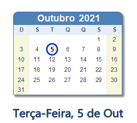 5 Outubro 2021 calendario