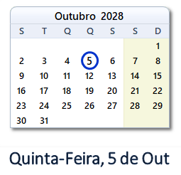 5 Outubro 2028 calendario
