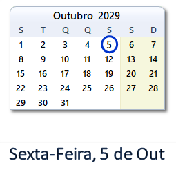 5 Outubro 2029 calendario