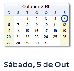 5 Outubro 2030 calendario