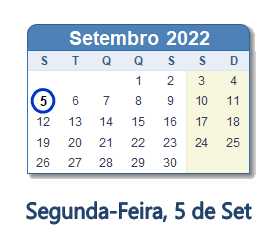 5 Setembro 2022 calendario