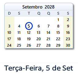 5 Setembro 2028 calendario