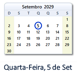 5 Setembro 2029 calendario